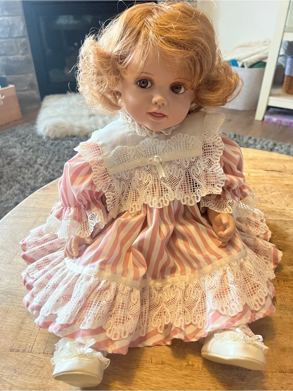 Dolls by Jerri 1990 Baby Doll in Pink & White Striped Lace Dress 20”